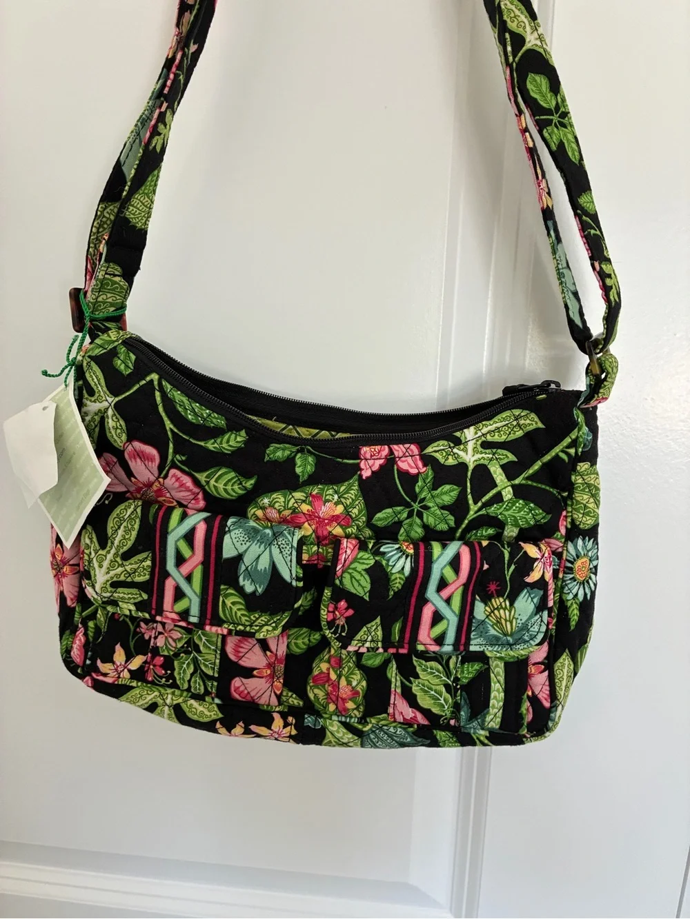 Vera Bradley Black Quilted Floral Crossbody with Pink and Green Accents